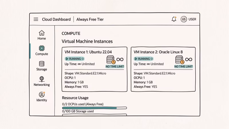 Oracle Cloud always-free tier dashboard showing virtual machine instances running with no expiration