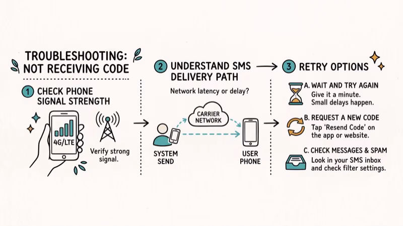 Troubleshooting steps for missing iCloud verification code showing signal strength and SMS delivery path