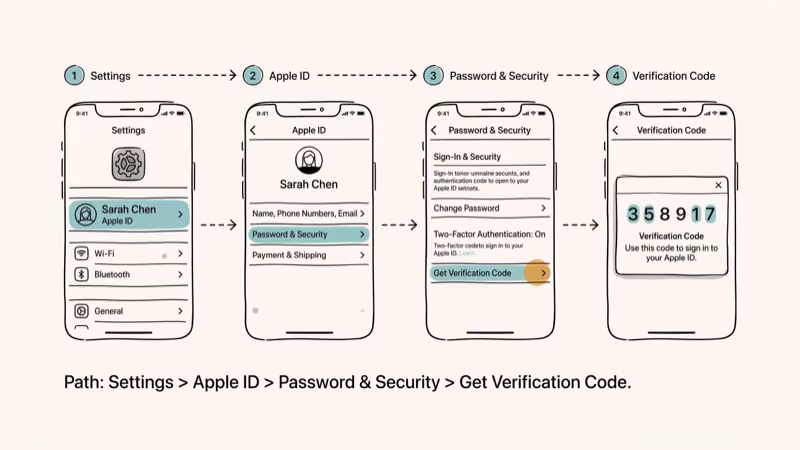 iPhone Settings menu path showing Apple ID Sign-In and Security verification code generation steps