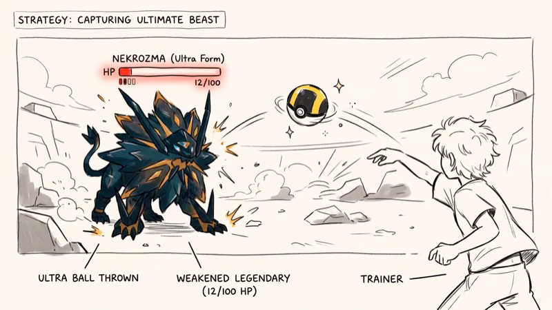 Pokemon battle scene with Ultra Ball thrown at dark crystal legendary with weakened health bar