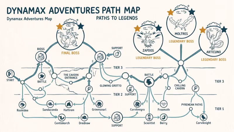 Dynamax Adventures dungeon path map showing branching routes and legendary Pokemon boss rooms