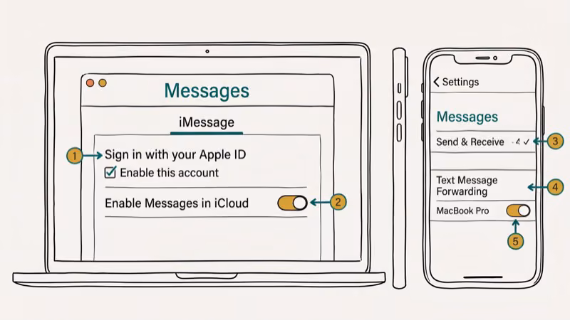 Mac Messages app and iPhone settings side by side showing iMessage and text forwarding setup