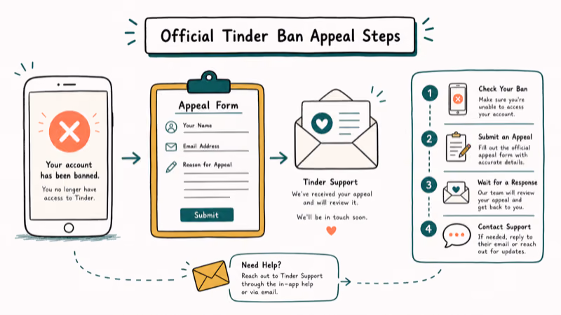 Hand-drawn illustration: Official Tinder Ban Appeal Steps