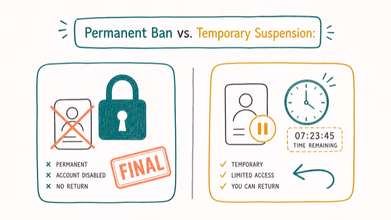 Hand-drawn illustration: Permanent Ban vs. Temporary Suspension: Key Differences