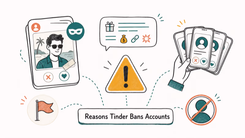 Hand-drawn illustration: Reasons Tinder Bans Accounts