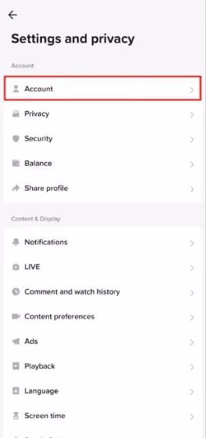 Settings and privacy > Account 