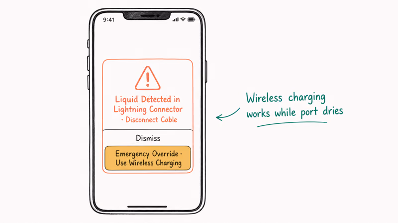 Hand-drawn iPhone showing Liquid Detected alert with dismiss and emergency override buttons and wireless charging tip.