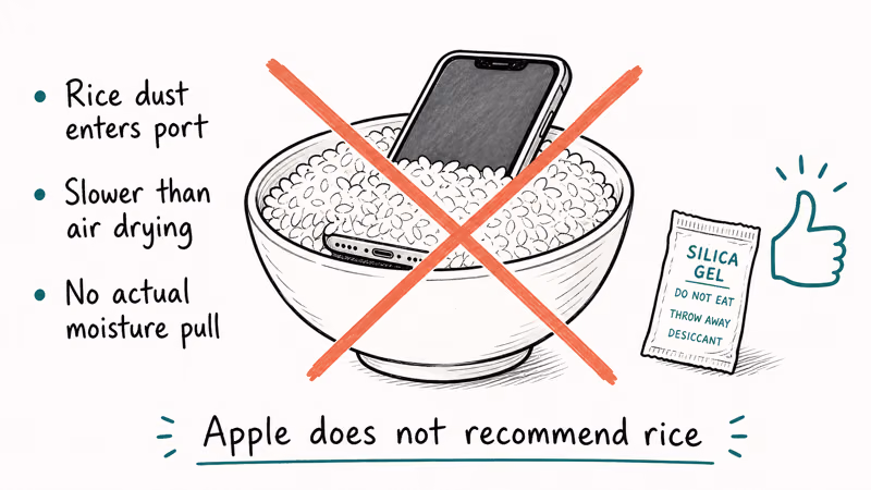 Hand-drawn bowl with phone in rice crossed out coral with bullet points debunking the rice drying myth.