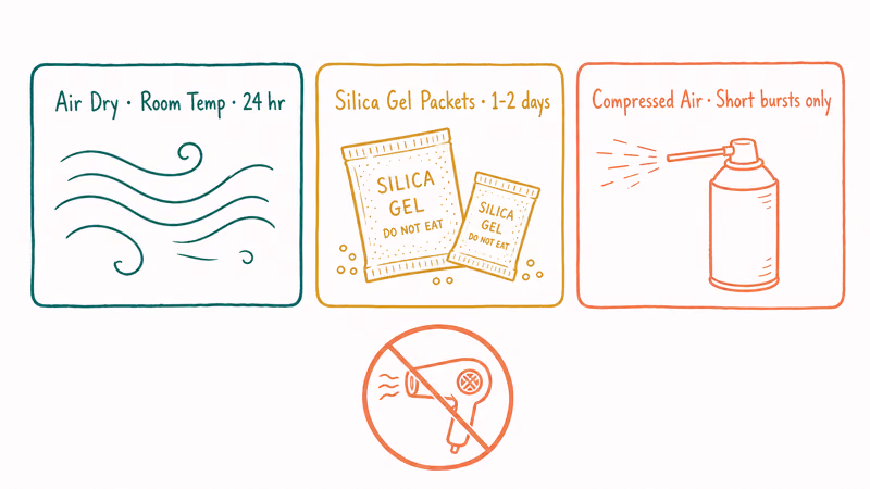 Three hand-drawn cards showing safe drying methods air dry, silica gel, and compressed air with crossed-out hairdryer.