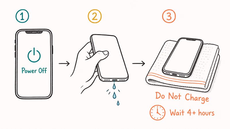 Hand-drawn three-step flow showing power off, tap downward to release water, and dry on towel without charging.
