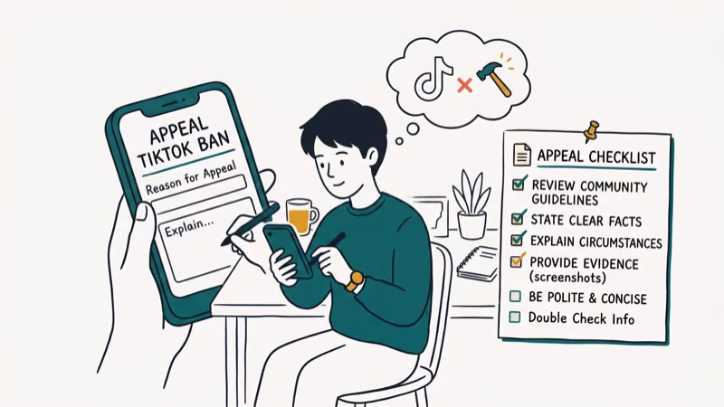 Person writing a TikTok ban appeal on phone with checklist of key appeal elements