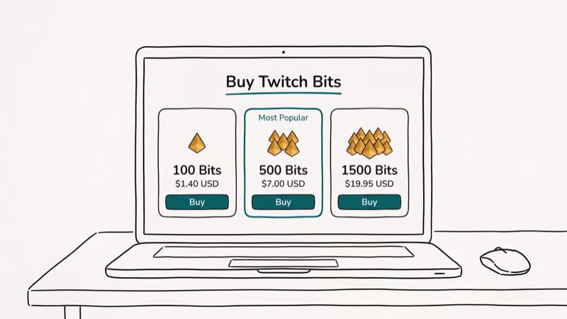 Twitch Bits purchase screen showing available packages with gem icons and pricing options