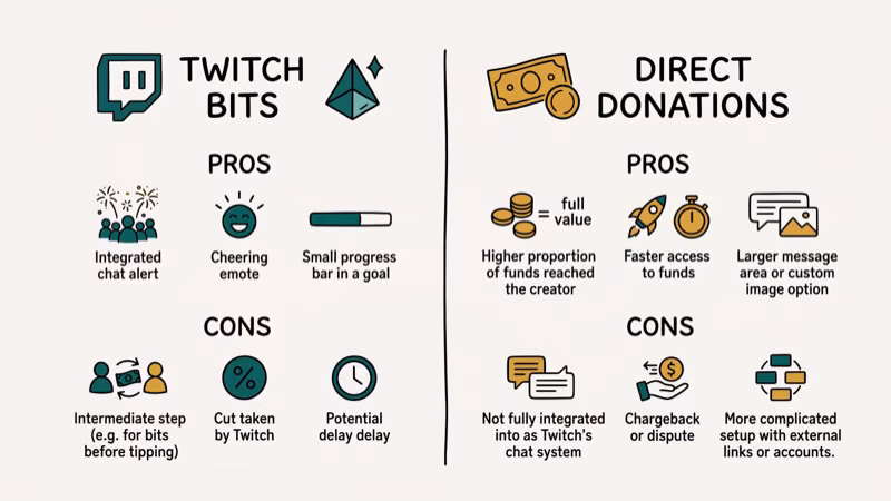 Comparison of Twitch Bits versus direct donations showing pros and cons for streamers