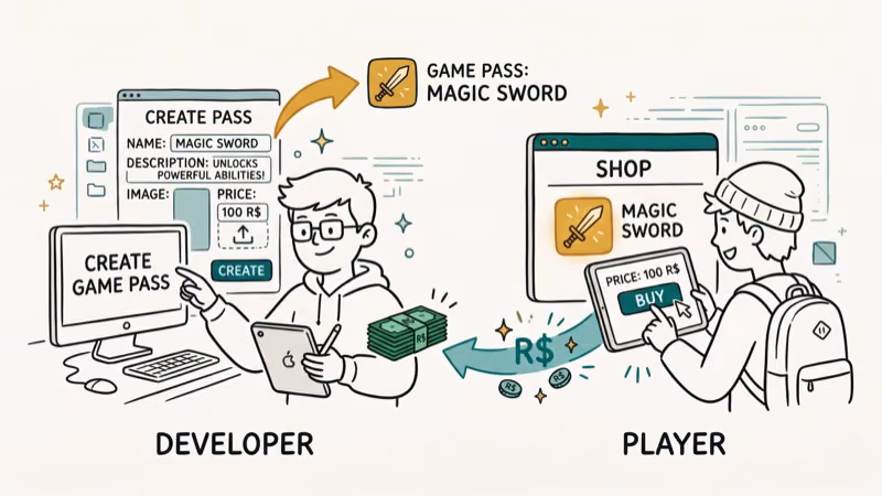 Roblox game pass creation process where a player sets up a purchasable pass to receive Robux