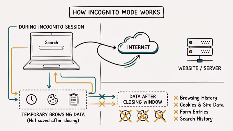 Diagram showing how incognito mode hides local browsing data on a Chromebook but not network traffic