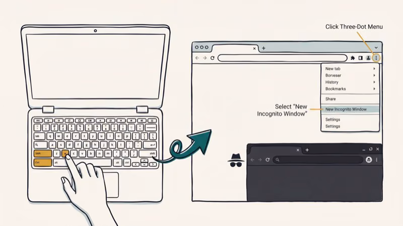 Chromebook Chrome browser showing keyboard shortcut and three-dot menu options to open incognito window