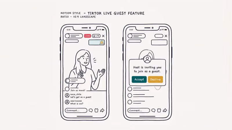 Two phones showing TikTok live host inviting a guest to join their stream with a co-host request