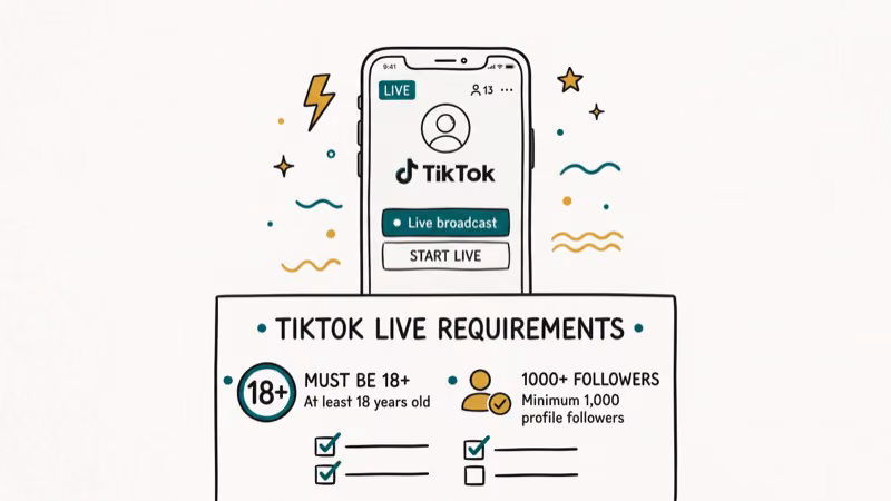 TikTok phone screen showing live button with follower count and age requirements listed