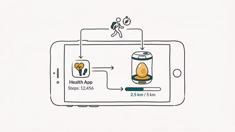 Phone showing Adventure Sync settings in Pokemon GO connected to Apple Health for step tracking
