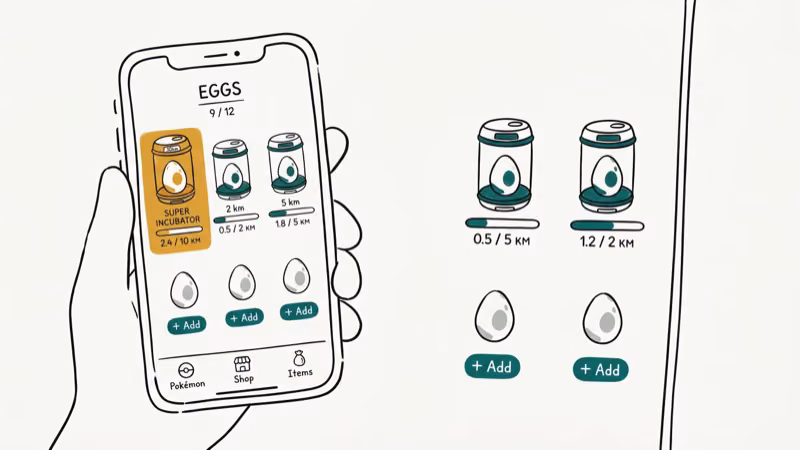 Pokemon GO phone screen showing multiple egg incubators with km timers and a Super Incubator highlighted