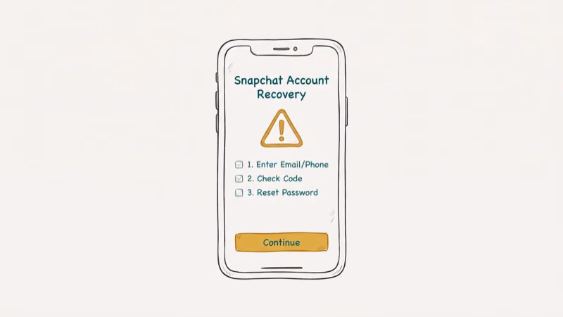 Smartphone showing Snapchat account recovery screen with warning icon and password reset steps