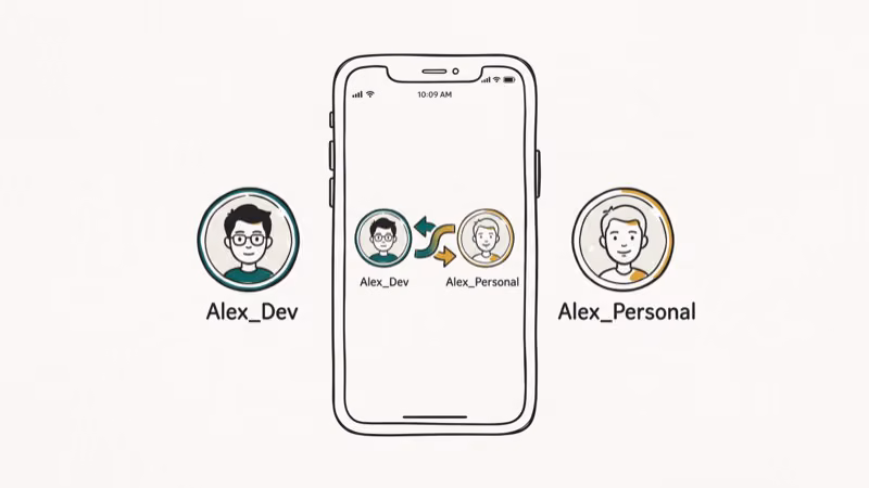 Smartphone showing two Snapchat profile icons with an account switching arrow between them