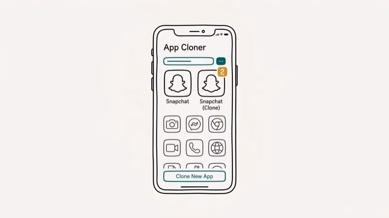 Smartphone screen showing a parallel app cloning tool with Snapchat duplicated icon setup