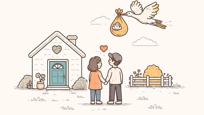 Cozy farm scene showing two parents outside a Stardew Valley house with a stork carrying an adoption basket