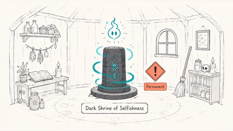Witch hut scene with the Dark Shrine of Selfishness glowing teal and a wisp transformation icon with caution