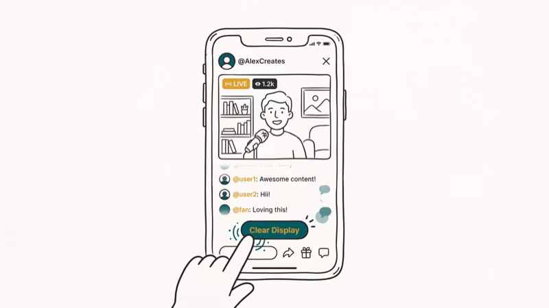 Smartphone showing TikTok Live with the Clear Display button highlighted in the share panel