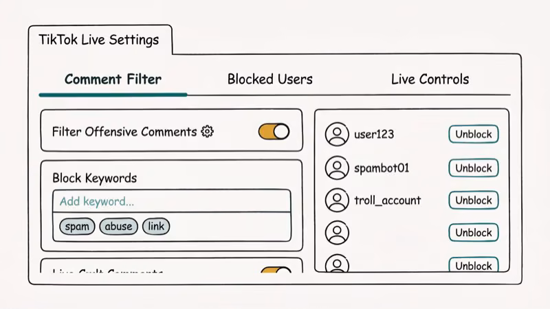 TikTok Live settings panel showing comment filter and blocking options for creators