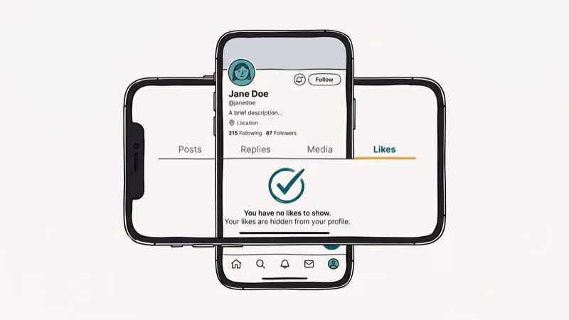 Twitter profile page showing empty likes tab with checkmark confirming likes are no longer visible