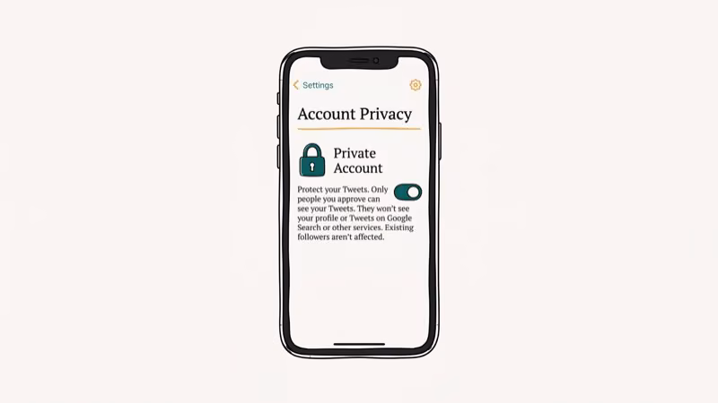 Smartphone showing Twitter account privacy settings with lock icon and private account toggle enabled