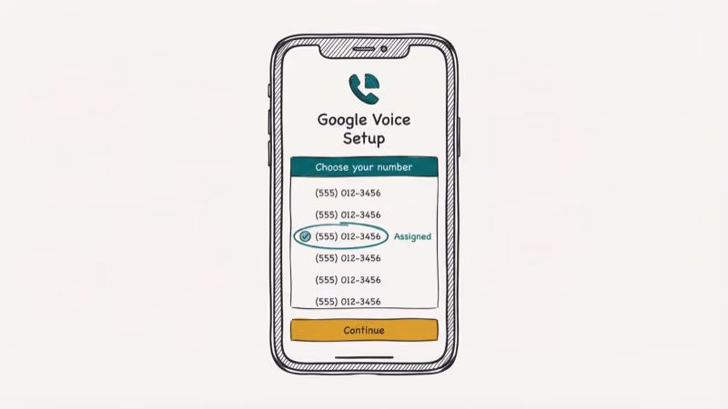 Google Voice app setup screen showing a virtual phone number being assigned to protect your real number