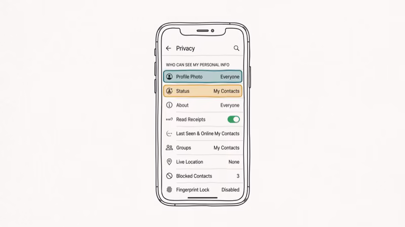 WhatsApp Privacy settings screen showing profile photo, About, and status visibility options