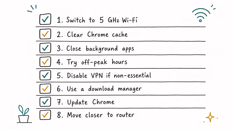 Hand-drawn eight-row checklist of Chrome Android download speed methods with alternating teal and amber checkmarks.