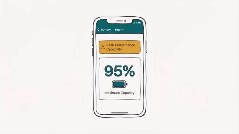 iPhone Battery Health settings screen showing maximum capacity percentage and charging status
