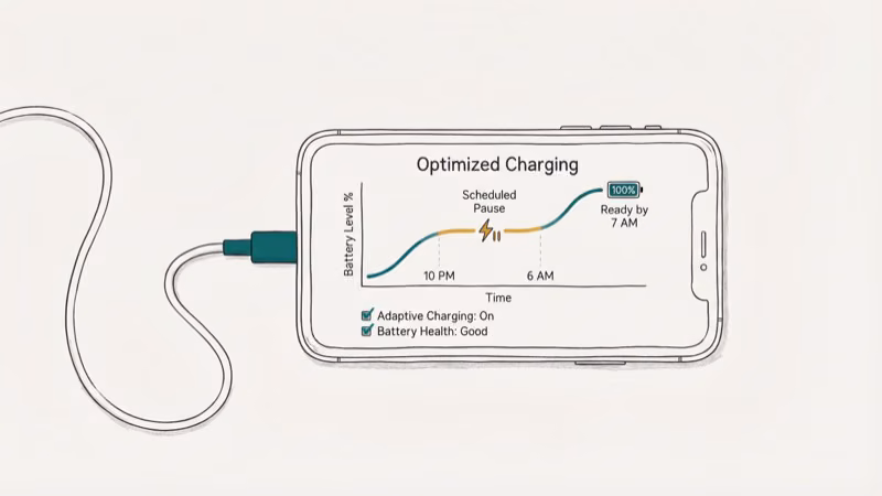 Smartphone connected to charger with an optimized charging schedule displayed on screen