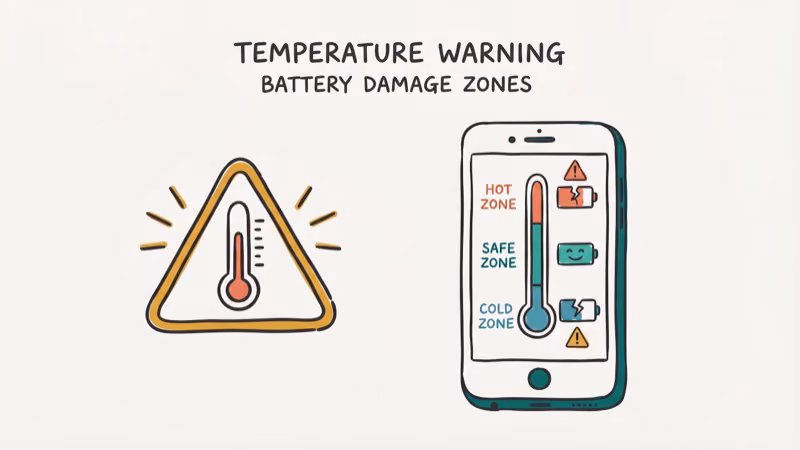 Temperature warning icon next to smartphone with thermometer showing heat and cold zones that damage battery