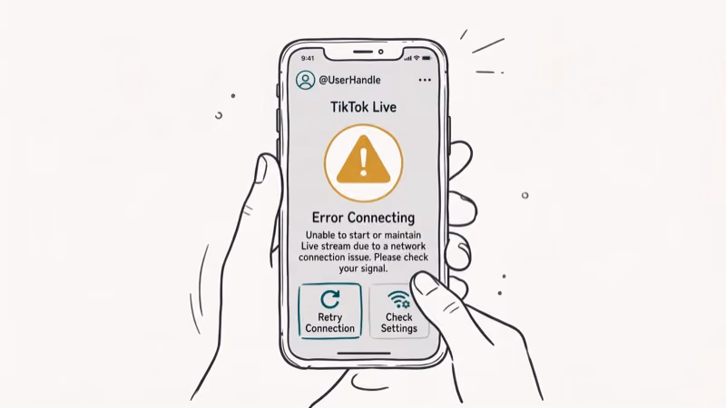 Smartphone showing TikTok Live troubleshooting screen with error icon and connection retry options