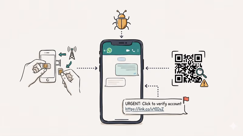 Hand-drawn illustration of WhatsApp hack methods including SIM swap spyware and phishing