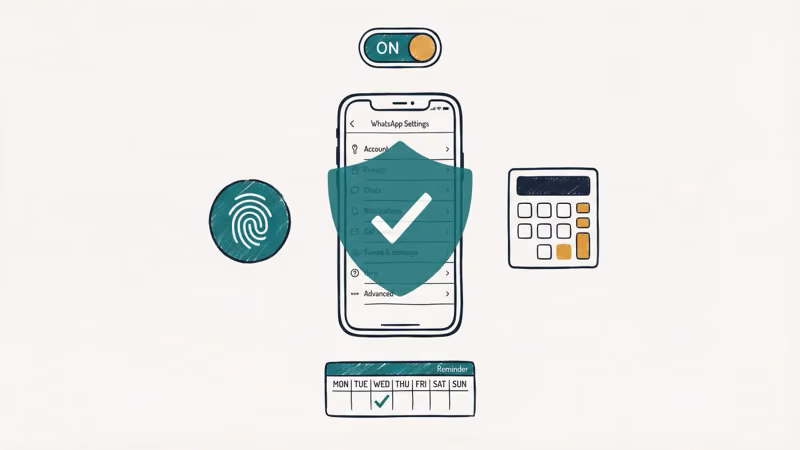 Hand-drawn illustration of WhatsApp security setup with shield biometrics and two-step verification