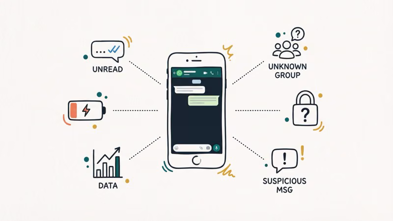 Hand-drawn phone illustration showing six WhatsApp compromise warning indicators