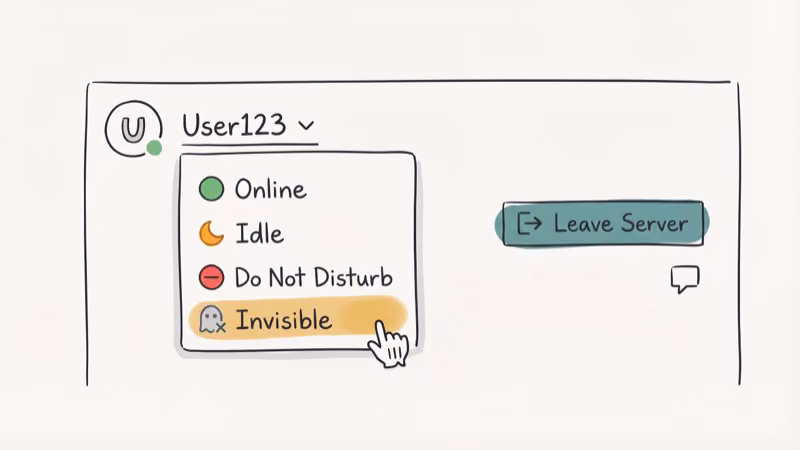Discord status selector showing invisible mode being chosen before leaving a server for extra privacy