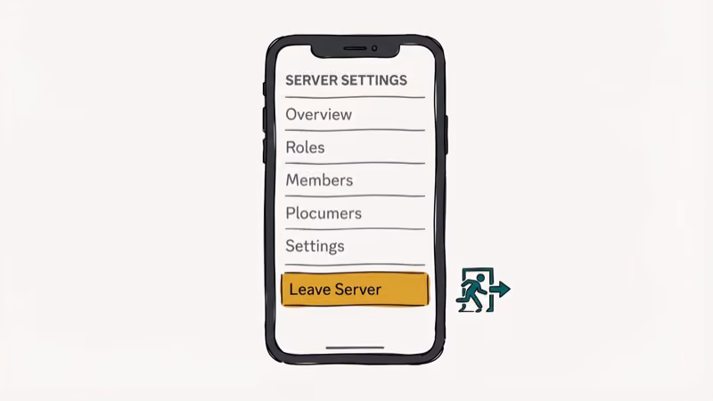 Discord server settings menu showing the Leave Server option highlighted with a stealth exit symbol