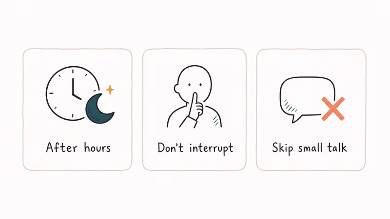 Hand-drawn three card row of reasons to send voicemail without calling after hours not interrupting and skipping small