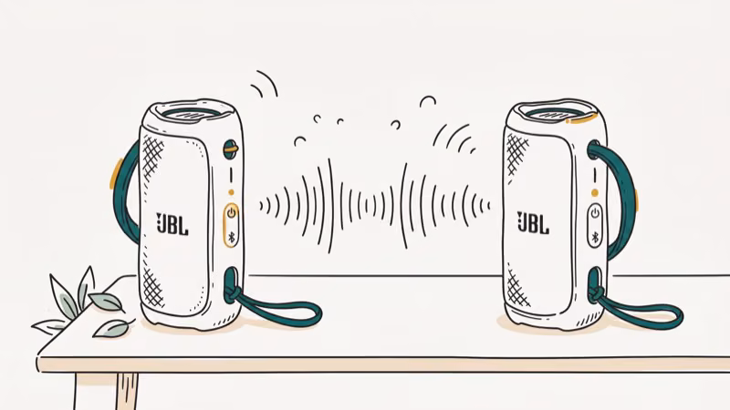 Two JBL Bluetooth speakers connected wirelessly showing sound waves between them indicating linked playback