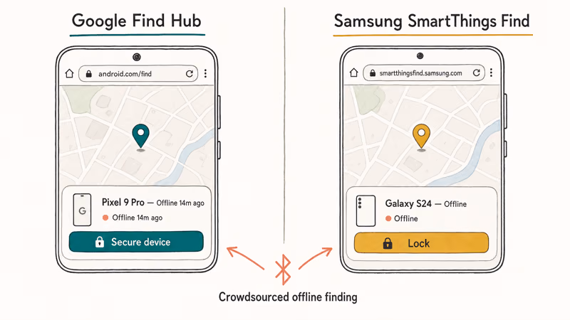 Google Find Hub and Samsung SmartThings locating offline Android devices.