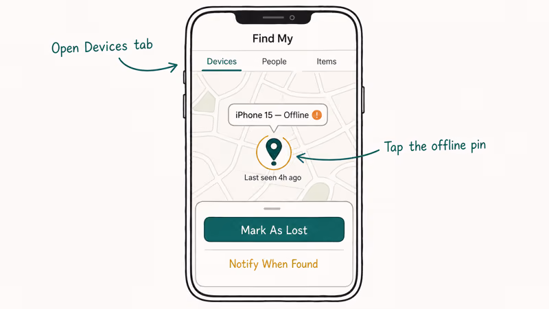 Find My map showing offline iPhone with Mark As Lost highlighted.