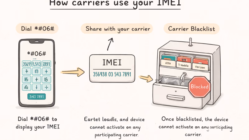 Three-step IMEI blacklist flow from dial code to carrier database.